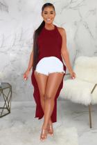 Wine Red Polyester Vintage adult Fashion Tank Sleeveless Slip Asymmetrical Ankle-Length chain backless Patchw