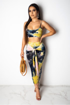 Gelb Sexy Fashion asymmetrisches Print Crop Top Bandage Zweiteilige Anzüge Skinny Zweiteiliges Kleid