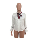 Белые блузки и рубашки с воротником Питера Пэна и длинными рукавами с рюшами