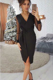 Black Fashion Long Sleeves V Neck Step Skirt Knee-Length Solid split Patchwork Mesh Long Sleeve Dresses