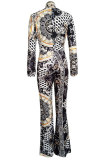 Multi-color Elastic Fly Long Sleeve Mid Zippered Print bandage Patchwork Skinny Pants Jumpsuits & Rom