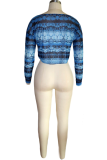 Blue O Neck Long Sleeve Patchwork crop top Mesh Tees & T-shirts
