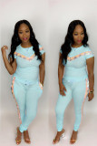 Light Blue Fashion Casual Solid Patchwork Regular Two-piece Pants Set