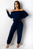 Mörkblå Casual Fashion Solid långärmad jumpsuits med ett ord krage