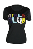 Black O Neck Short Sleeve Patchwork Sequin Print Tees & T-shirts