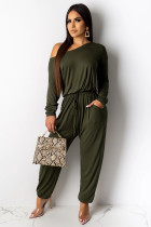 Army Green Casual Fashion Solid Long Sleeve one word collar Jumpsuits