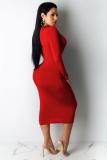 Red Casual Cap Sleeve Long Sleeves V Neck A-Line Mid-Calf Solid Club Dresses