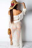 White Sexy Fashion tassel HOLLOWED OUT perspective Patchwork A-line skirt Long Sleeve