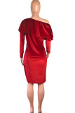 Red Street Off The Shoulder Long Sleeves One word collar Asymmetrical Knee-Length Solid asymme