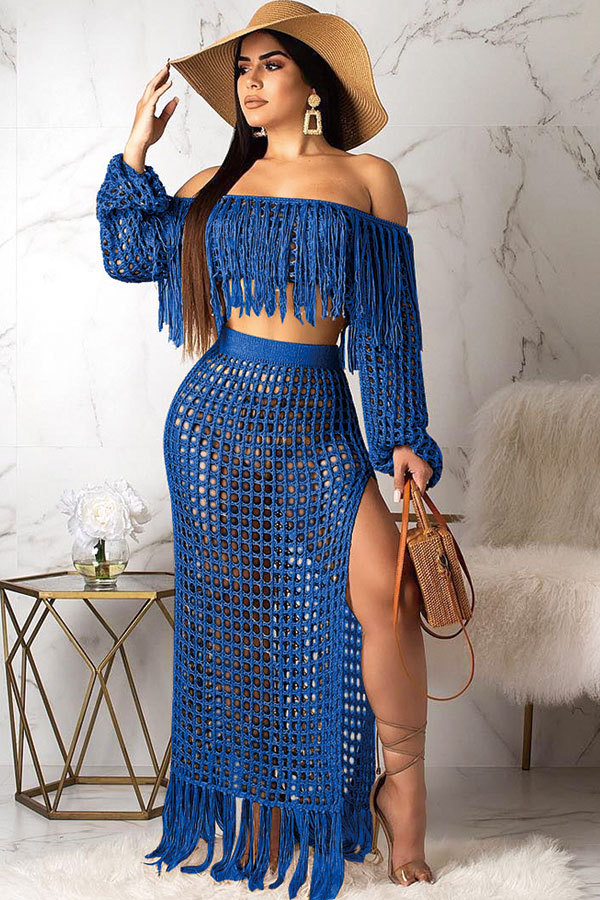 Blauwe sexy mode kwastje uitgehold perspectief patchwork A-lijn rok met lange mouwen