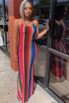 Multi-color Polyester Fashion Casual Spaghetti Strap Sleeveless Slip Sheath Ankle-Length Rainbow Striped  Casual