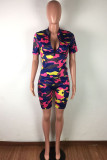 Pink Casual Print Zippered Patchwork Short Sleeve Two Pieces