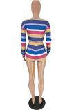 Multi-color Sexy Fashion crop top Striped Two Piece Suits asymmetrical Skinny Long Sleeve Two-Piece S