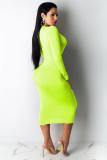 Fluorescent green Casual Cap Sleeve Long Sleeves V Neck A-Line Mid-Calf Solid Club Dresses