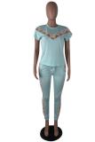 Light Blue Fashion Casual Solid Patchwork Regular Two-piece Pants Set