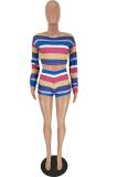Multi-color Sexy Fashion crop top Striped Two Piece Suits asymmetrical Skinny Long Sleeve Two-Piece S