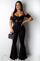 Black Polyester Sexy Fashion Solid crop top Bandage Slim fit asymmetrical HOLLOWED OUT Straight  Two-piece