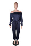 Dark Blue Casual Fashion Solid Long Sleeve one word collar Jumpsuits
