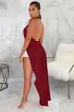 Wine Red Vintage adult Fashion Tank Sleeveless Slip Asymmetrical Ankle-Length chain backless Patchw
