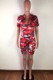 Red Casual Print Zippered Patchwork Short Sleeve Two Pieces