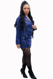 Blue Sexy Fashion Cap Sleeve Long Sleeves Turndown Collar Hip skirt Mini PU Patchwork chain Two Piece Dr