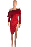 Red Street Off The Shoulder Long Sleeves One word collar Asymmetrical Knee-Length Solid asymme