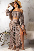 Coffee Sexy Fashion tassel HOLLOWED OUT perspective Patchwork A-line skirt Long Sleeve