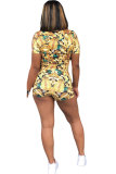 Yellow Sexy Fashion Patchwork Print Straight Short Sleeve Two-Piece Short Set