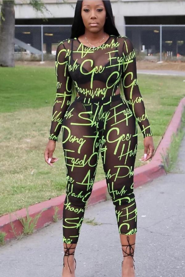 Prospettiva verde sexy della lettera di moda Vestibilità slim Abiti a due pezzi solidi asimmetrici Skinny lunghi Sl