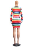 Multi-color adult Casual Fashion Cap Sleeve Long Sleeves O neck Step Skirt Mini Animal Print Striped