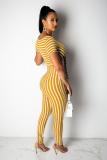 Black Sexy Fashion Striped Print Patchwork Short Sleeve V Neck Jumpsuits