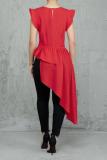 Wine Red O Neck Bell Sleeve Solid Flare sleeve ruffle asymmetrical Long Sleeve Tops