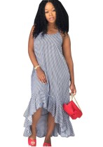 Dark Blue Sexy & Club lower O-Neck Sleeveless Loose Long Print Dresses