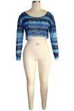Blue O Neck Long Sleeve Patchwork crop top Mesh Tees & T-shirts