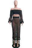 White Sexy Fashion tassel HOLLOWED OUT perspective Patchwork A-line skirt Long Sleeve
