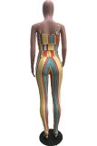 Conjunto de calças de duas peças multicoloridas moda sexy estampa assimétrica patchwork sem costas lápis