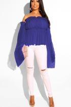 Blue One word collar Long Sleeve Draped ruffle perspective Solid Long Sleeve Tops