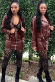 Черная сексуальная модная юбка с короткими рукавами и длинными рукавами с отложным воротником, мини-юбка из искусственной кожи в стиле пэчворк из двух частей Dr
