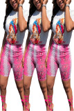 Pink Casual Print pencil Short Sleeve Two-Piece Short Set