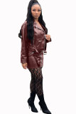 Wine Red Sexy Fashion Cap Sleeve Long Sleeves Turndown Collar Hip skirt Mini PU Patchwork chain Two Piece Dr