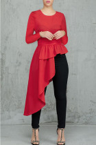 Red Polyester O Neck Long Sleeve Stringy selvedge Solid asymmetrical  Long Sleeve Tops
