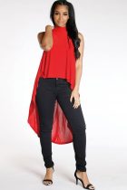 Red O Neck Sleeveless Patchwork Solid asymmetrical Tees & T-shirts