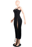 Black Sexy Sleeveless Slip Slim Dress Ankle-Length bandage asymmetrical Solid Club Dresses