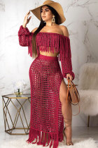 Wine Red Sexy Fashion tassel HOLLOWED OUT perspective Patchwork A-line skirt Long Sleeve