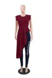 Wine Red O Neck Bell Sleeve Solid Flare sleeve ruffle asymmetrical Long Sleeve Tops