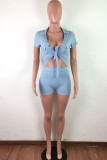 Blue Fashion Casual bandage Button Solid Short Sleeve Turndown Collar Rompers