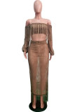 Green Sexy Fashion tassel HOLLOWED OUT perspective Patchwork A-line skirt Long Sleeve