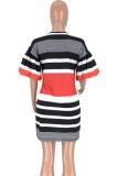 Red Sexy Bubble sleeves Short Sleeves O neck A-Line Mini Striped Club Dresses