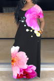 Vestidos de talla grande con estampado floral con cuello en V rosa OL