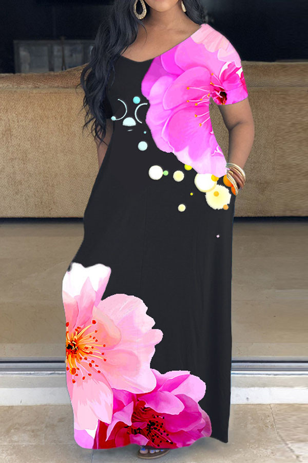Roze OL V-hals bloemenprint Grote maten jurken